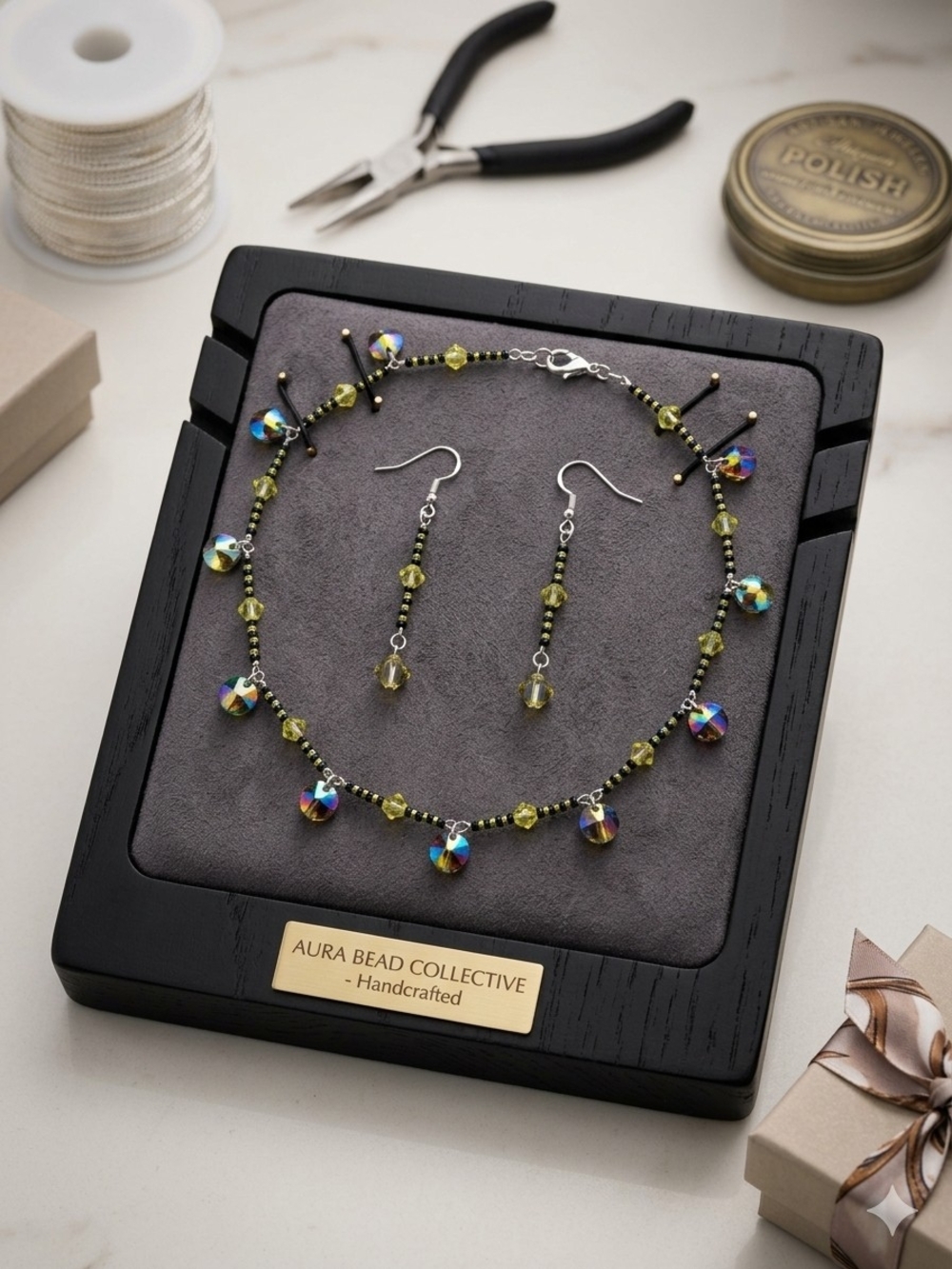 Handcrafted Lime Green Crystal Necklace & Earrings Set